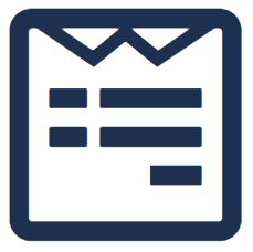 Icon of an envelope with a document, depicted in dark blue. It features horizontal lines symbolizing text, conveying communication or messaging.